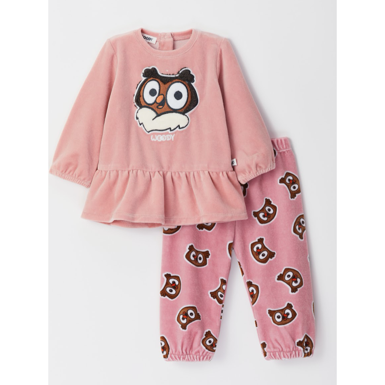 Afbeeldingen van Woody Pyjama Meisje velours uil roze (0-18 maand)