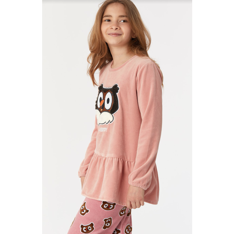 Afbeeldingen van Woody Pyjama Meisjes Velours uil effen roze